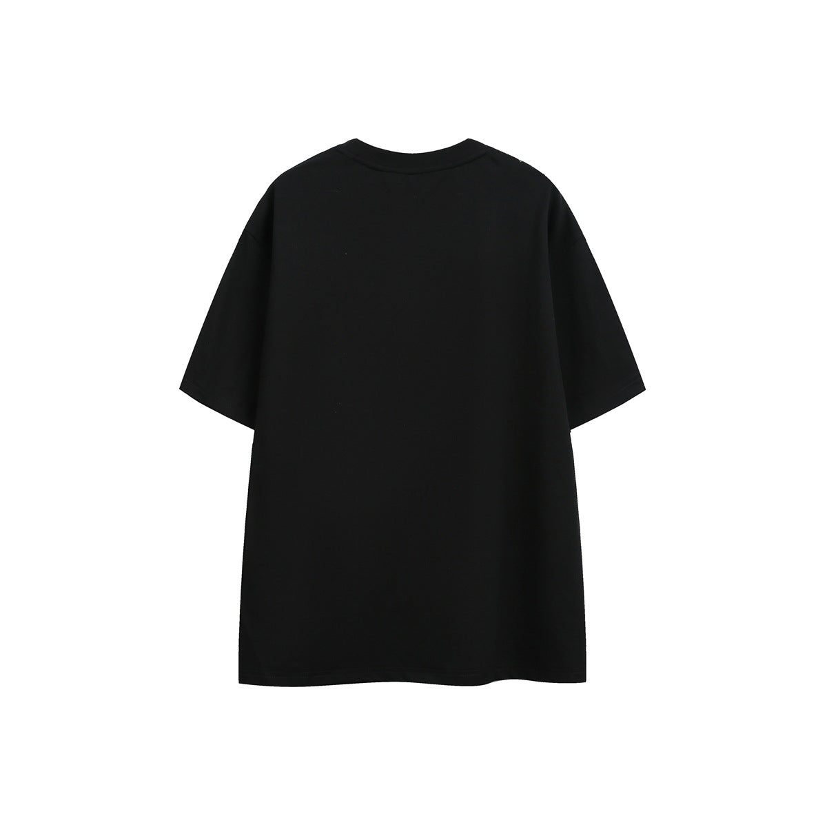 Back view of a plain black oversized short-sleeve T-shirt with a crew neck.