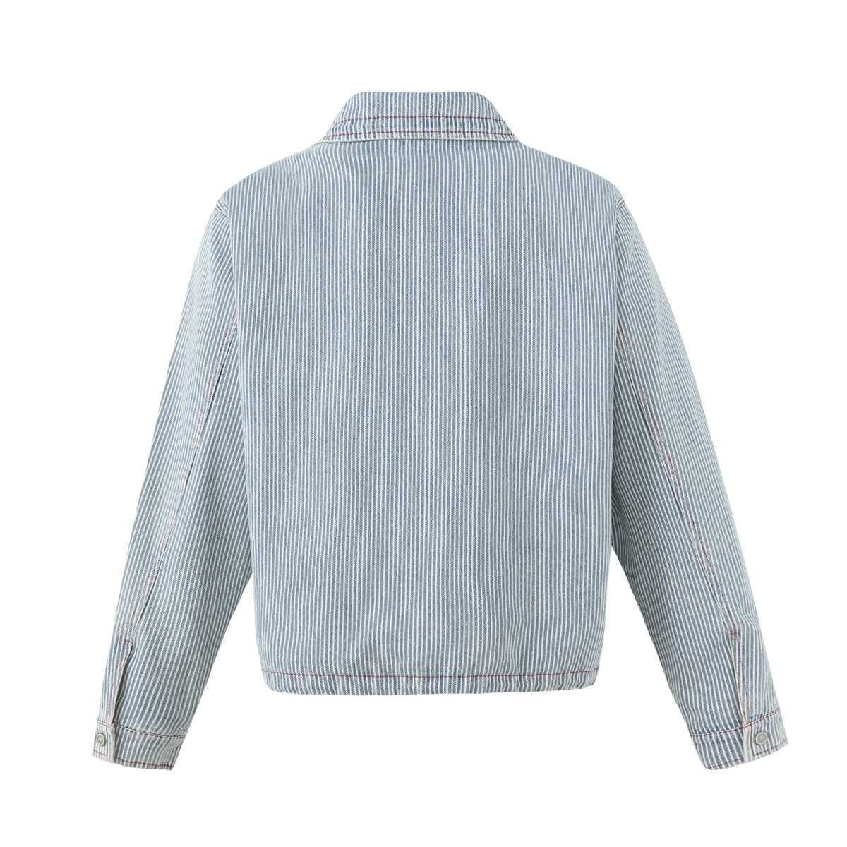 Back view of a blue-and-white pinstripe jacket with long sleeves, a pointed collar, button cuffs and red stitching.