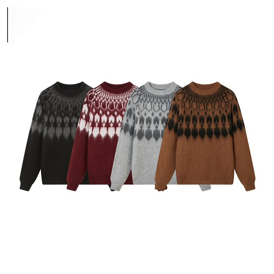 Four crew-neck patterned sweaters arranged together in black, burgundy, gray, and brown.