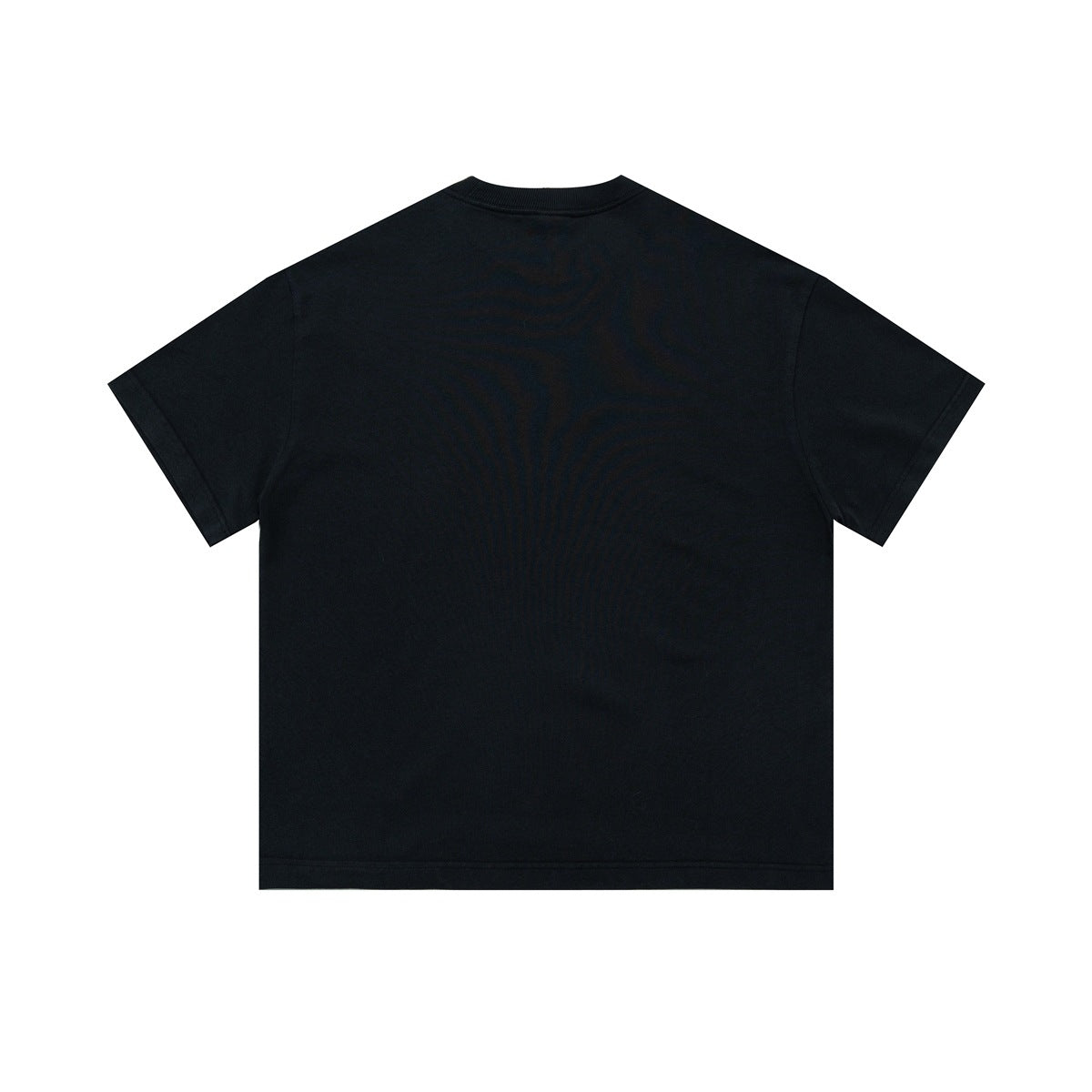 Plain black short-sleeve crew-neck T-shirt shown from the back.