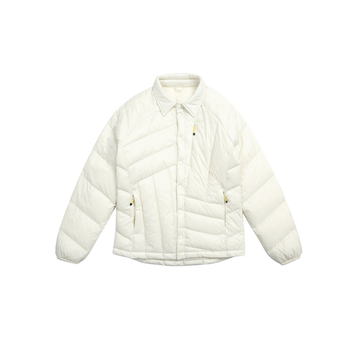 Off-white quilted puffer jacket with collar, snap front and yellow zipper pulls, flat front view
