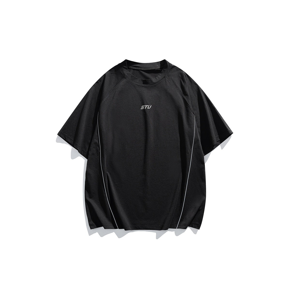 Black short-sleeve raglan crew-neck T-shirt with small gray STU print and gray side piping, flat lay