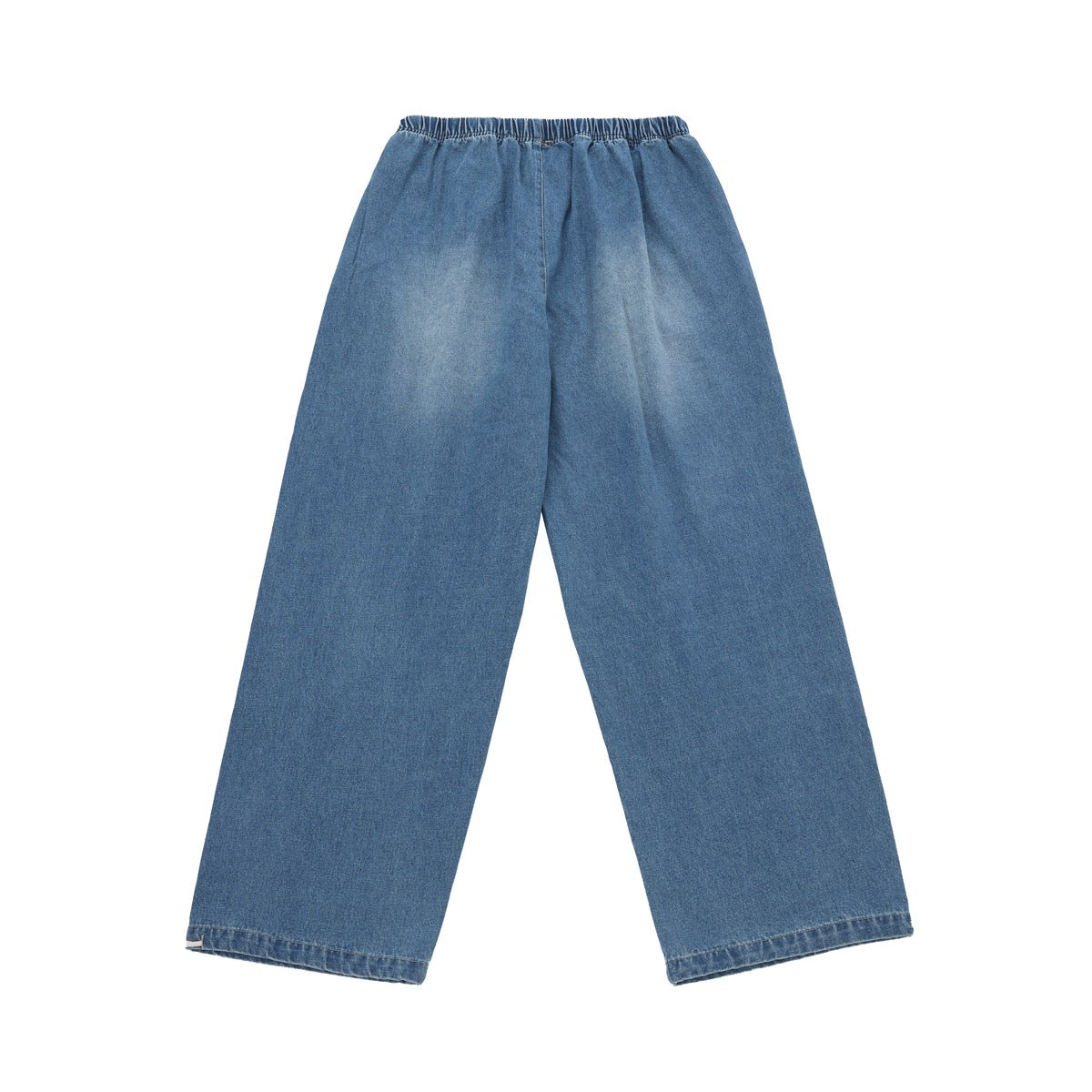 Flat lay of light blue, wide-leg denim pants with an elastic waistband and straight hems.