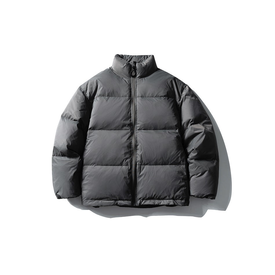 Gray quilted puffer jacket with stand collar and front zipper, flat lay front view