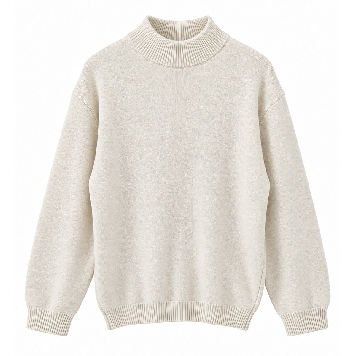 Off-white knit mock-neck sweater with ribbed collar, cuffs and hem, flat front view
