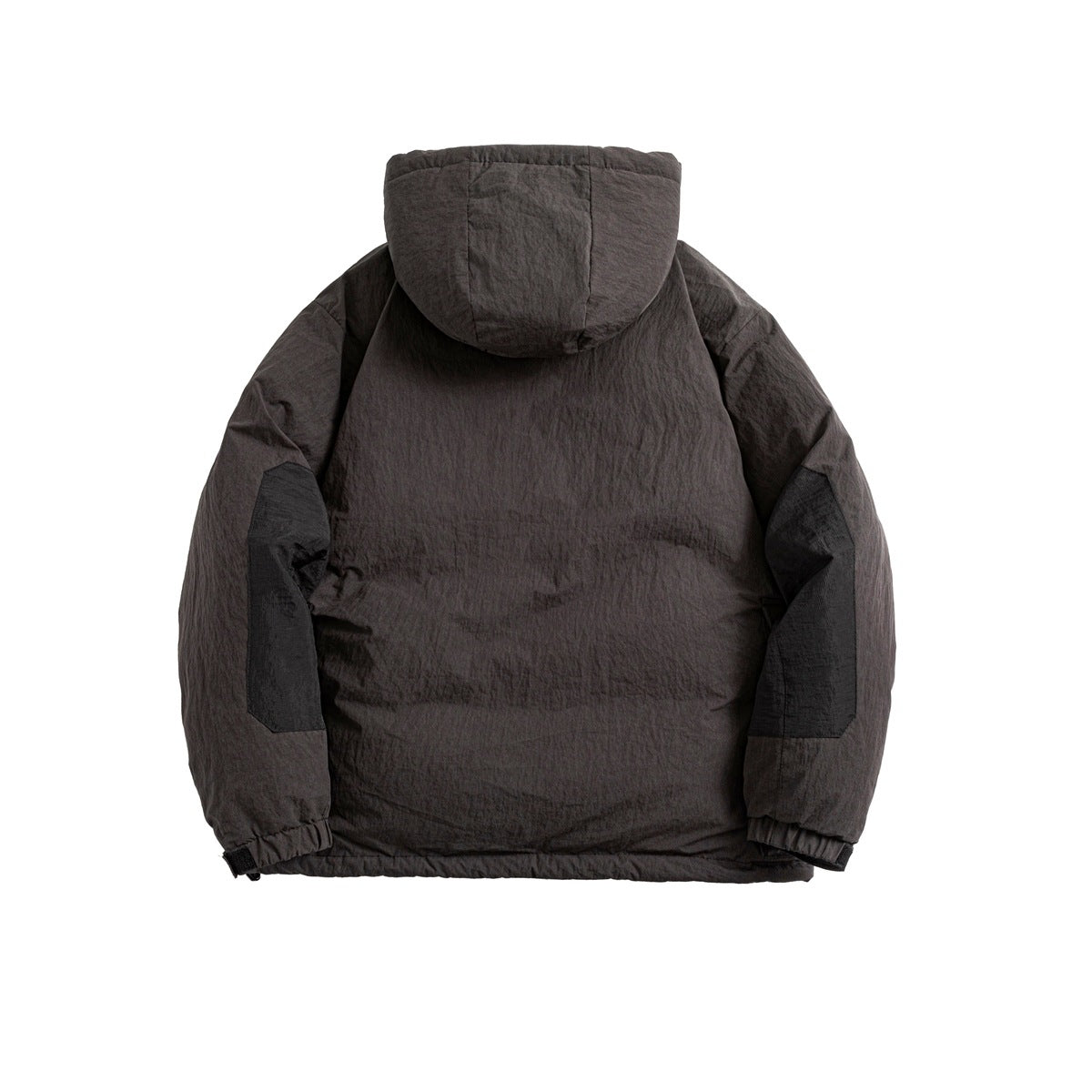 Back view of a charcoal hooded jacket with contrasting elbow patches and adjustable cuffs.