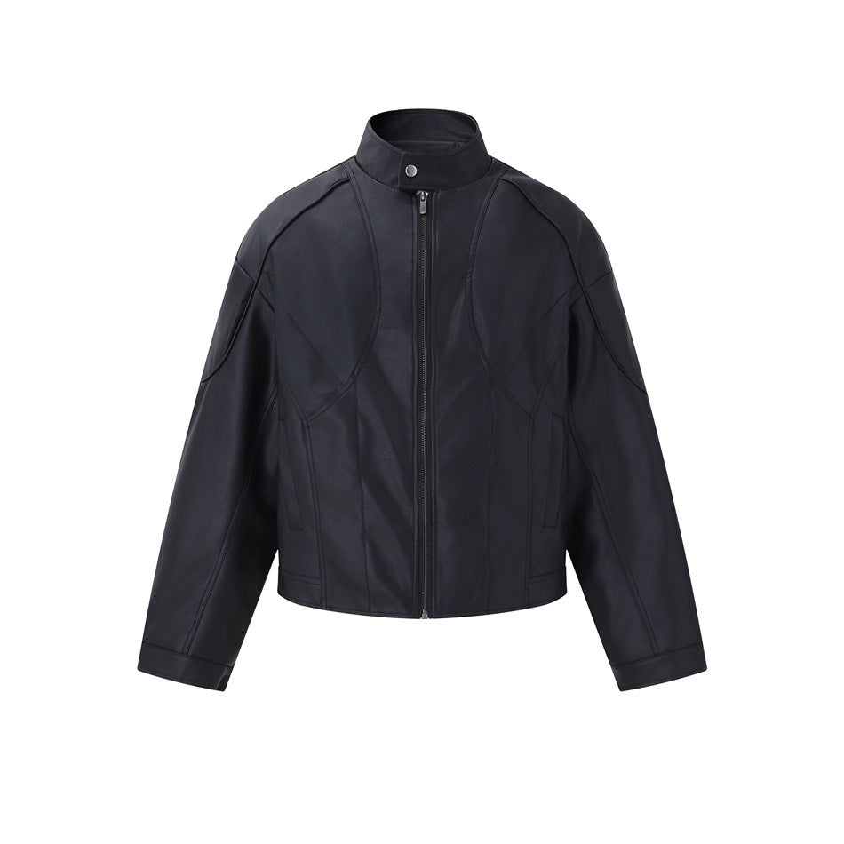 Black leather-look stand-collar zip jacket with paneled seams, front view on white background