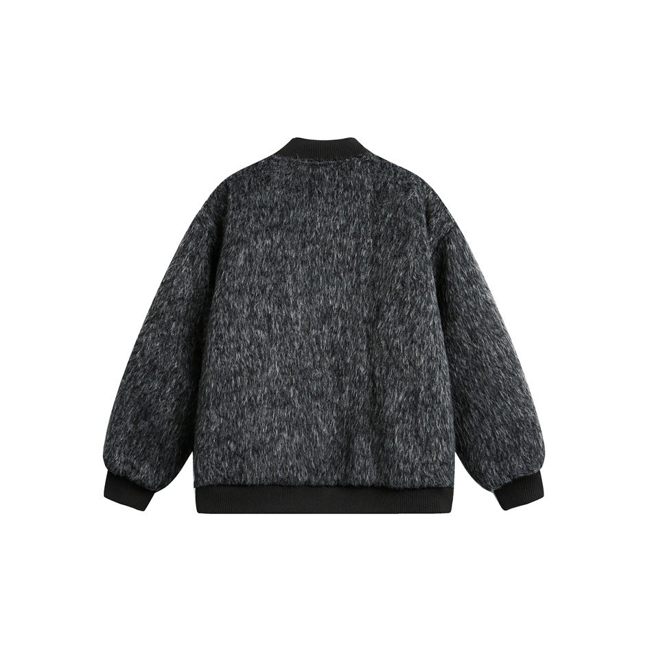 Back view of black-gray fuzzy bomber jacket with black ribbed collar, cuffs and hem
