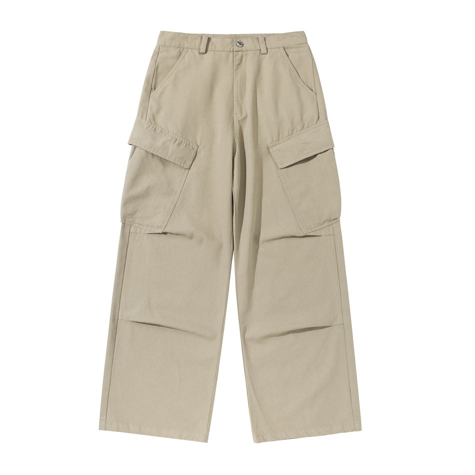 Khaki wide-leg cargo pants flat lay, front view, with large flap thigh pockets and knee pleats