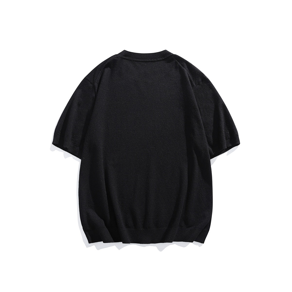 Black short-sleeve knit crew-neck top flat lay, back view, with ribbed collar and hem
