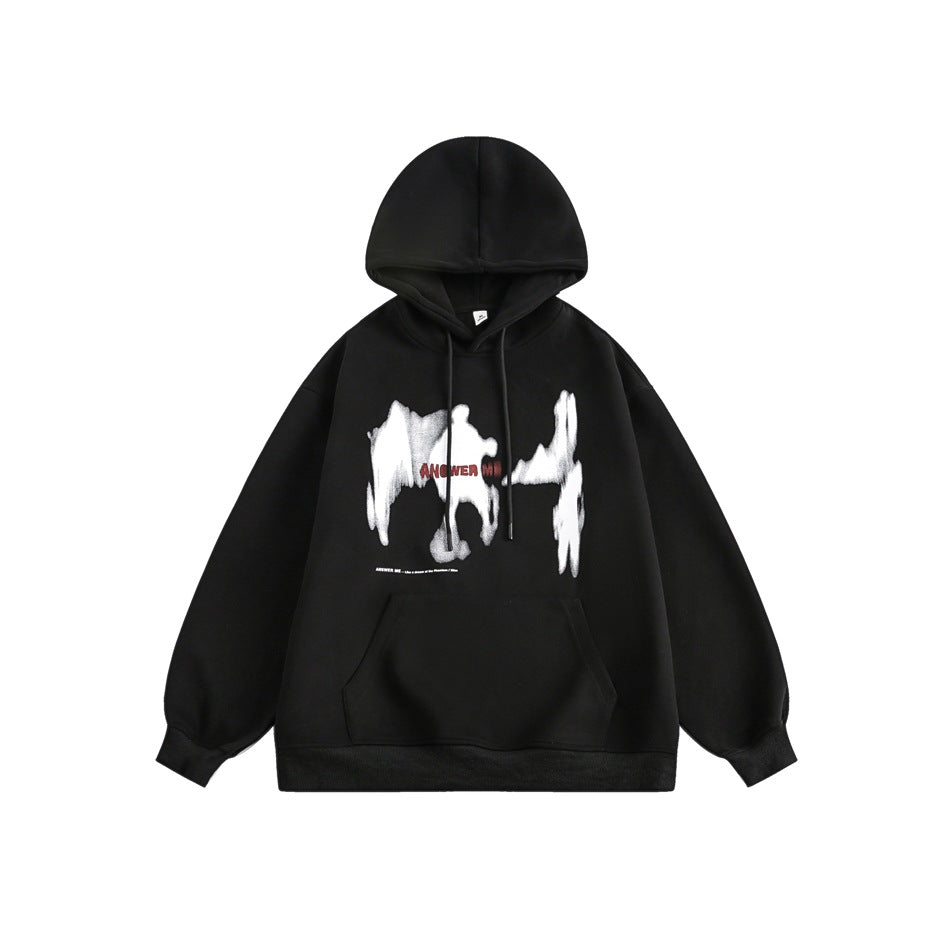 Black pullover hoodie flat lay with drawstring hood, kangaroo pocket and blurred white graphic print