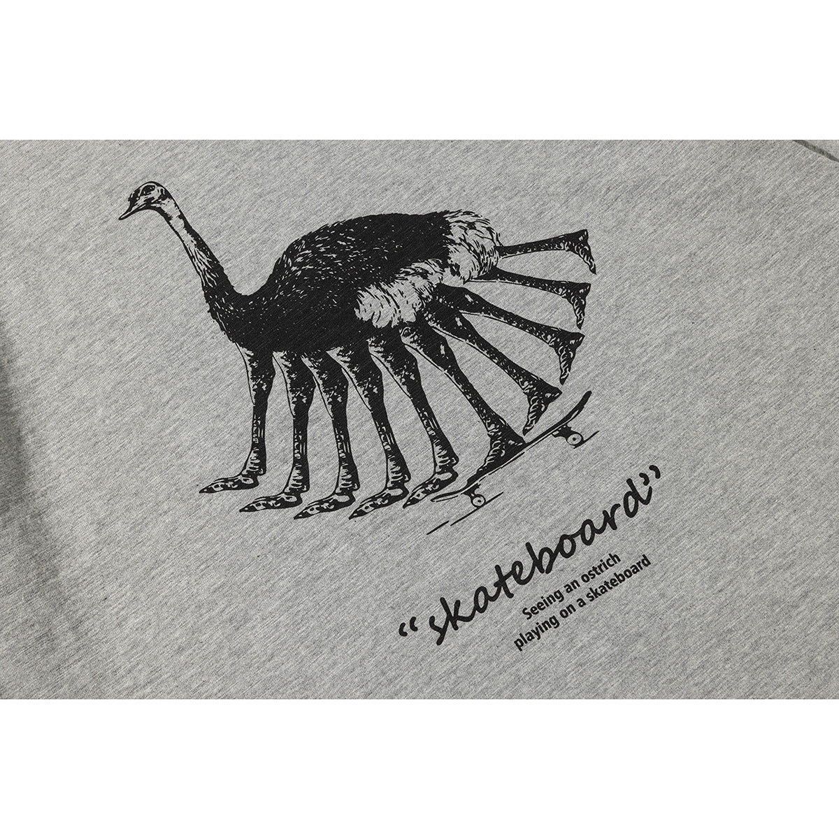 Close-up of a black ostrich-on-skateboard graphic and English text printed on a heather-gray T-shirt.
