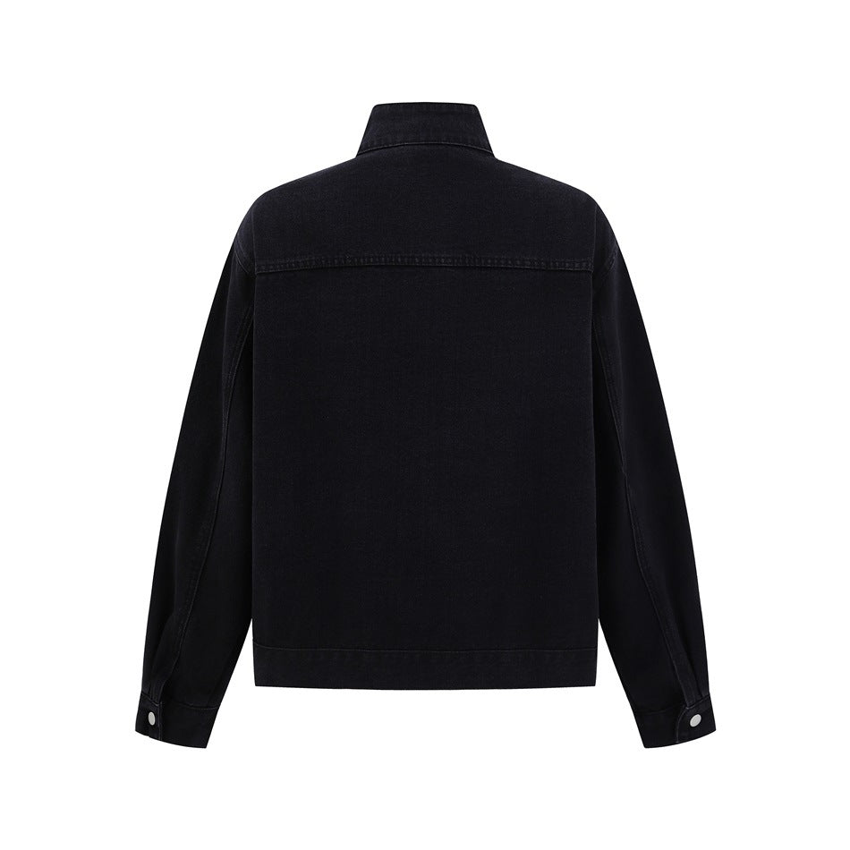 Back view of a black jacket with a stand collar, long sleeves, and a plain panel with horizontal seams.