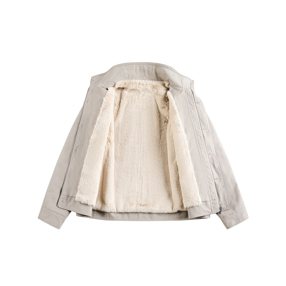 Light taupe jacket opened flat to show its full cream plush lining and front zipper.