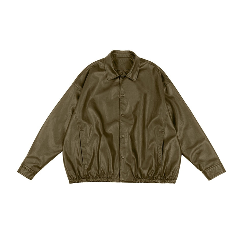 Olive-brown jacket displayed flat against a white background, with a pointed collar, snap-button front, and elastic hem.