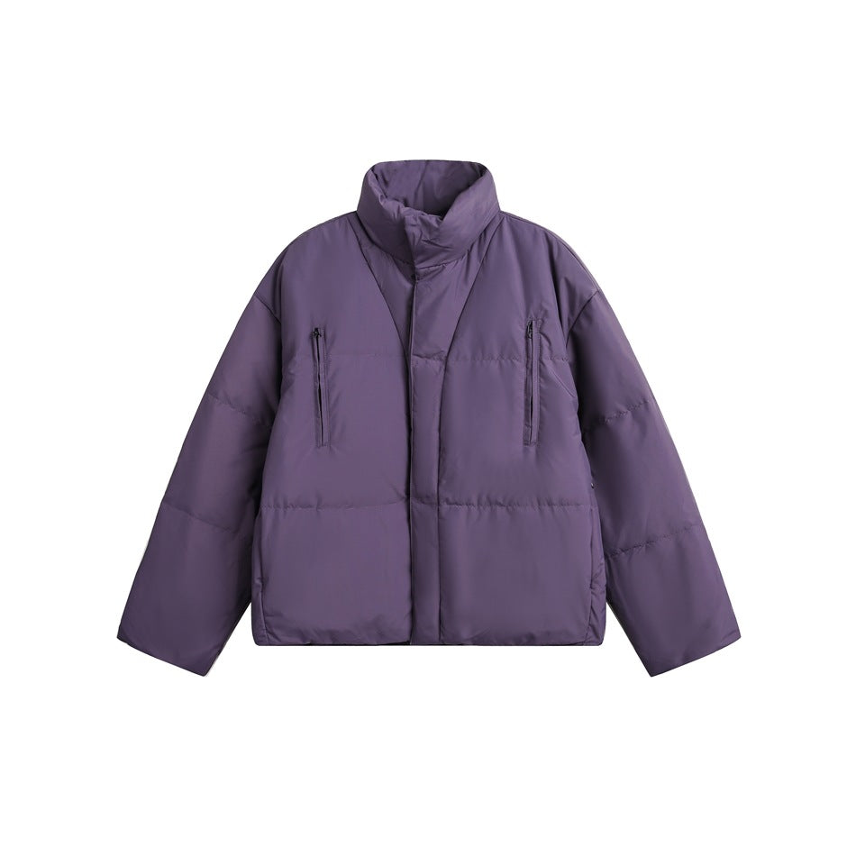 Purple quilted stand-collar puffer jacket, front view, with two vertical zip chest pockets