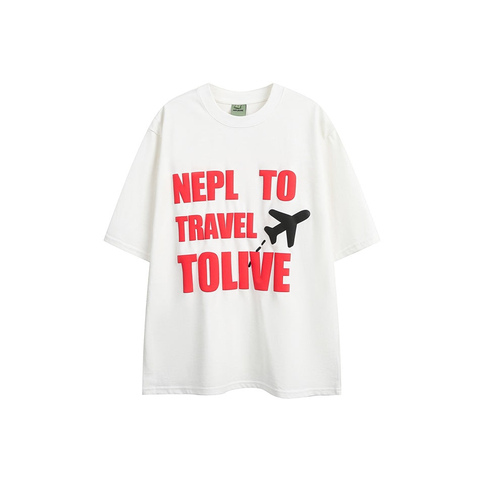 White short-sleeve crew-neck T-shirt with red block-letter travel graphic and black airplane, front view