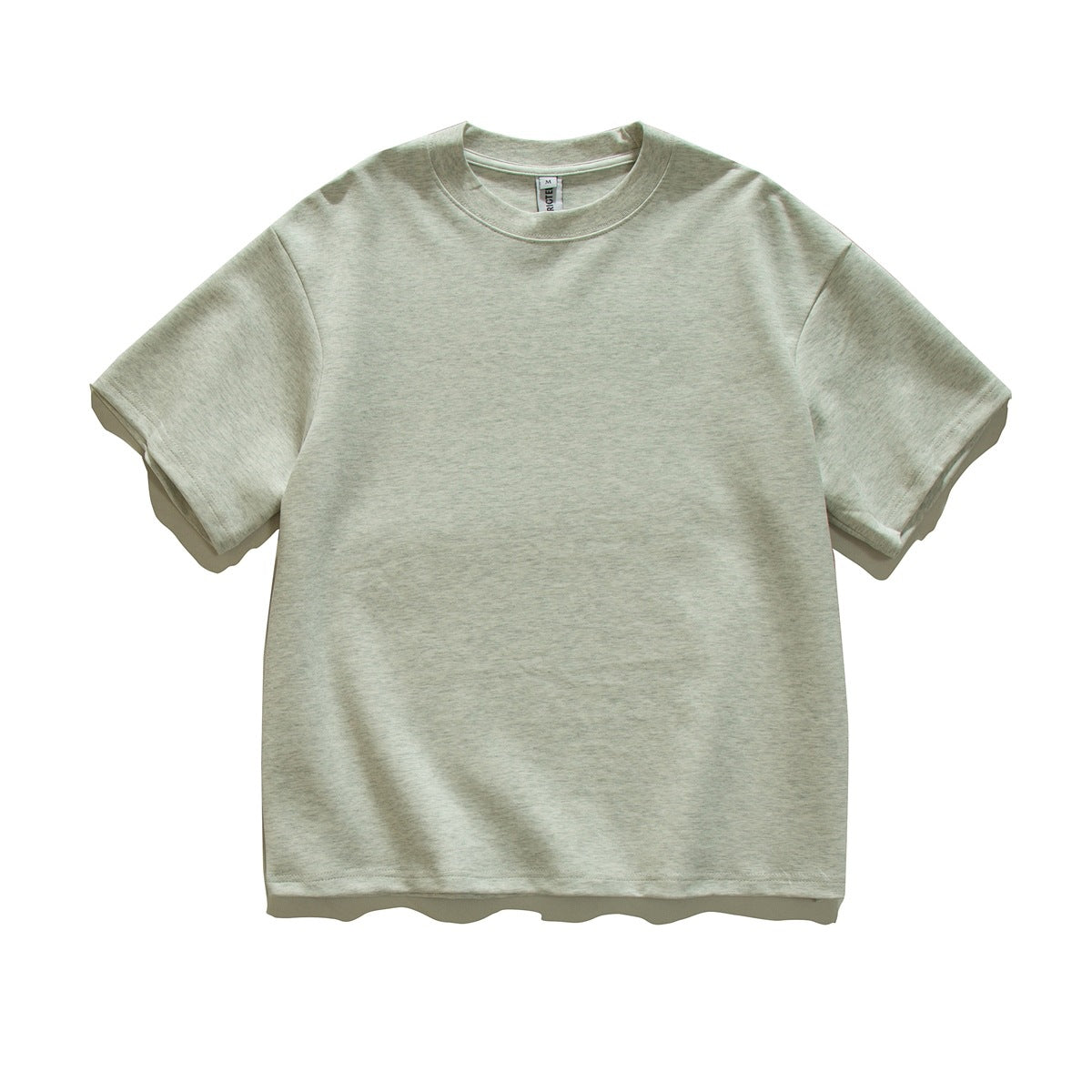 Heather gray short-sleeve crew-neck T-shirt laid flat, front view, plain with no print