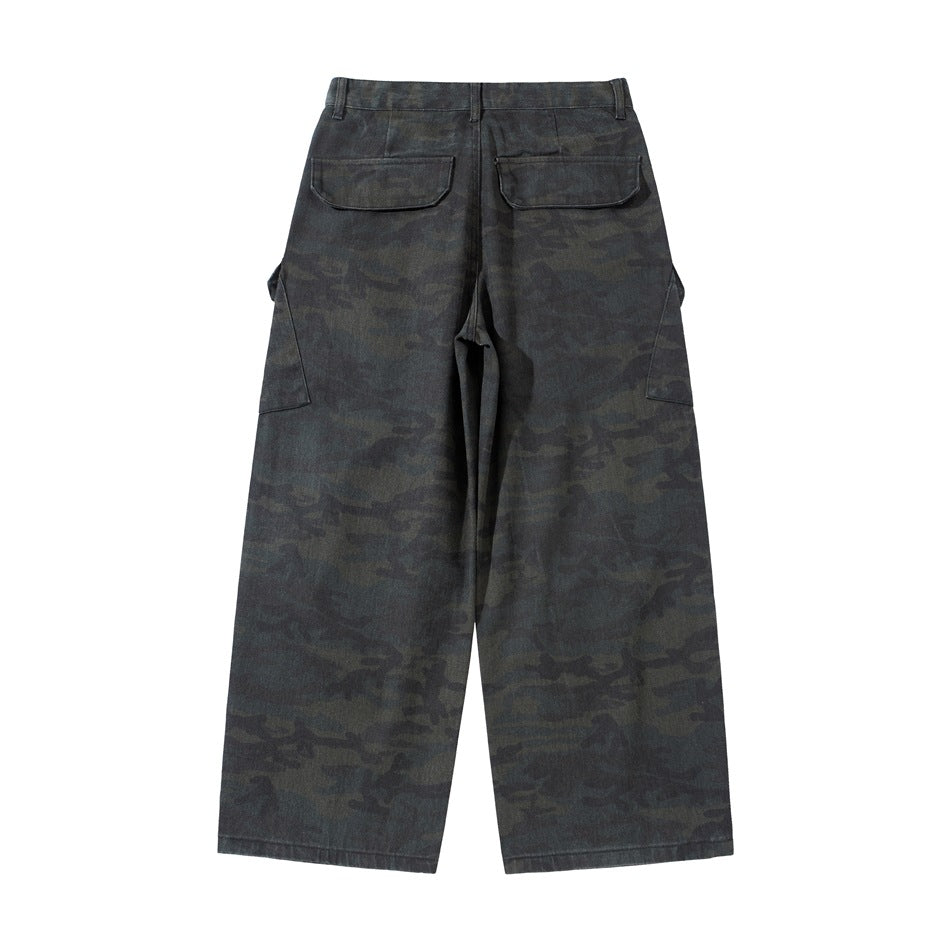 Back view of dark camouflage wide-leg cargo pants with two flap back pockets and side cargo pockets