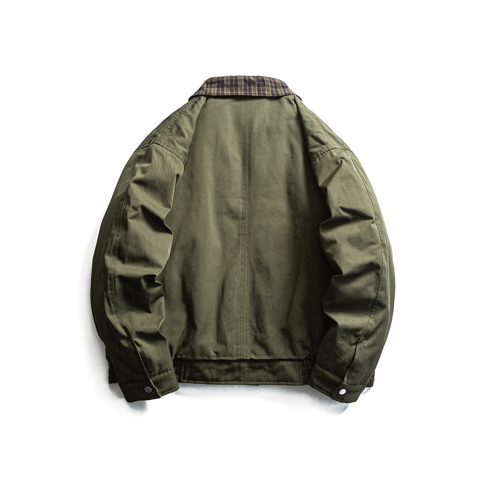 Back view of an olive jacket with a plaid collar, long sleeves, and an elastic hem.