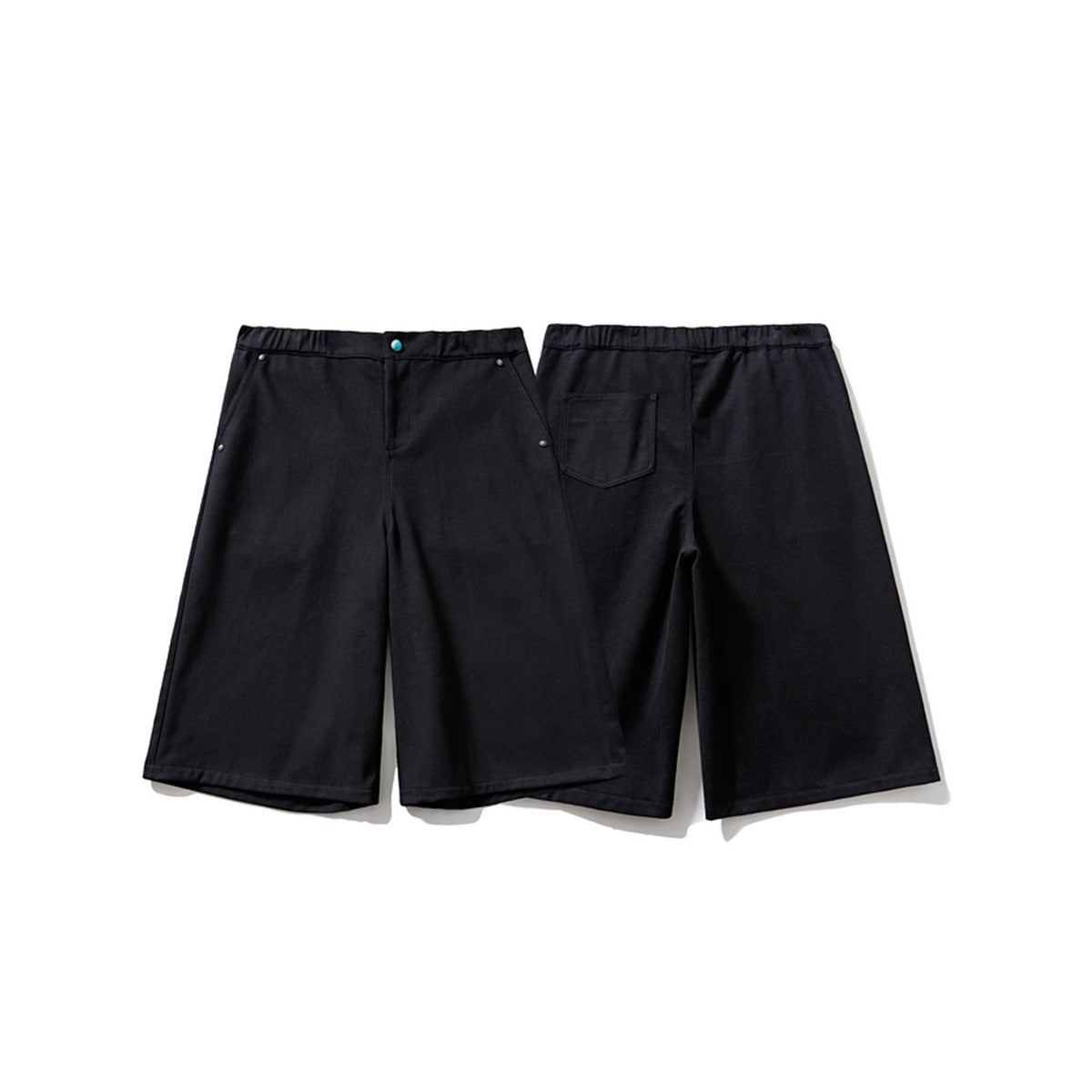 Black wide-leg shorts shown from the front and back, with a turquoise waist button and a rear pocket.