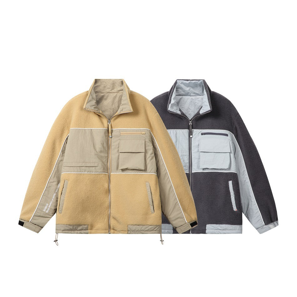 Two front views of fleece jackets: tan with beige panels and charcoal with light gray panels.