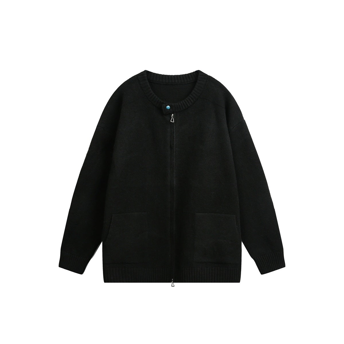 Black knit zip-front cardigan with ribbed round neck, turquoise button and two front patch pockets, flat lay