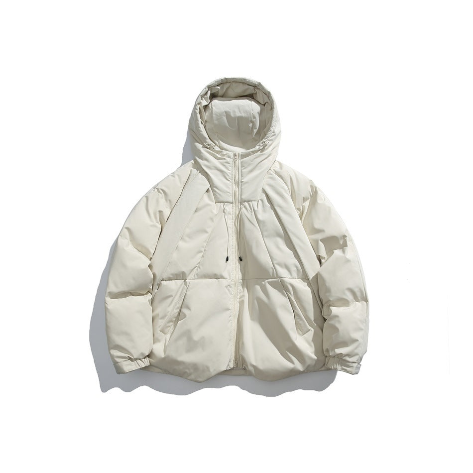 Beige hooded puffer jacket, flat front view, with front zipper, chest drawcord and elastic cuffs