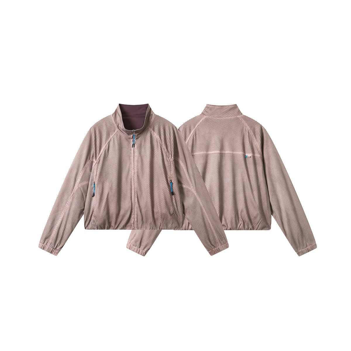 Dusty mauve perforated zip jacket shown from the front and back, with blue zipper pulls and elastic cuffs.