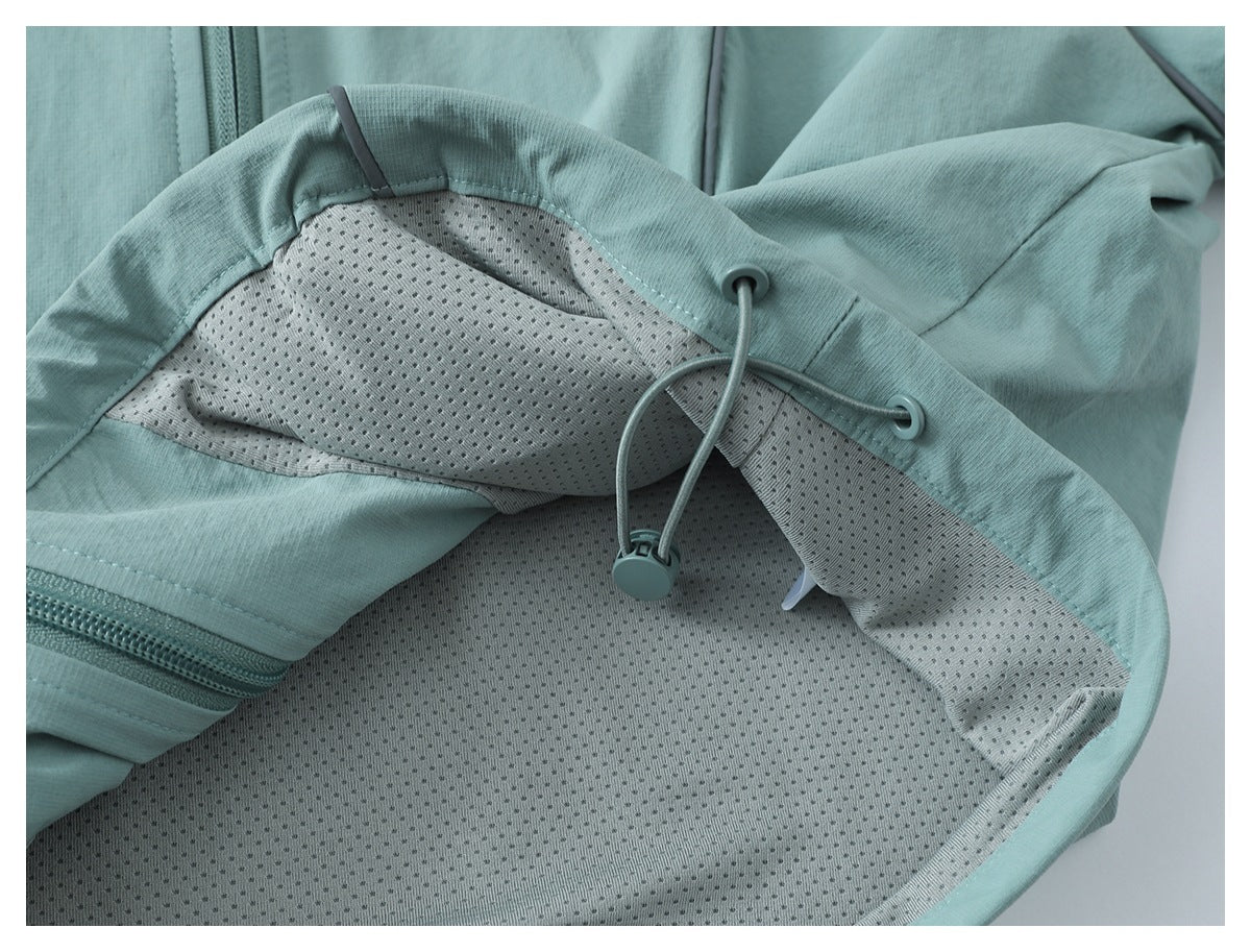 Close-up of the jacket hood interior showing mesh lining and an adjustable drawcord.