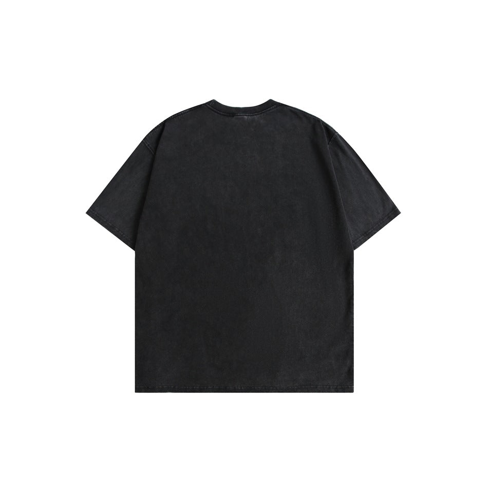 Back view of a washed black short-sleeve crew-neck t-shirt with a plain back