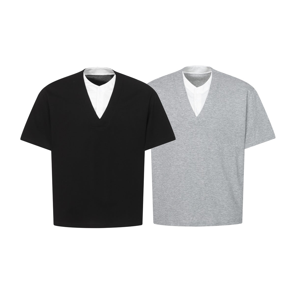 Two short-sleeve V-neck T-shirts with white button-placket inserts, shown in black and heather gray.