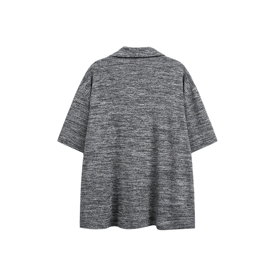 Back view of a dark heather-gray short-sleeve shirt with a wide collar.