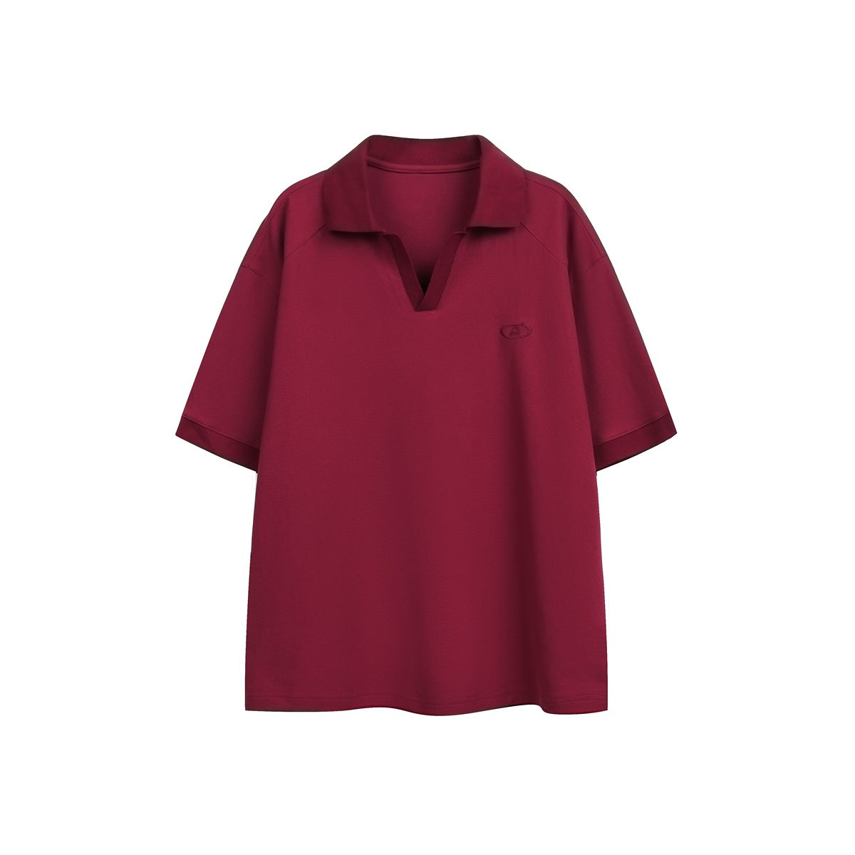 Burgundy short-sleeve polo-style top with open V-neck, turn-down collar and small embroidered logo, flat front view