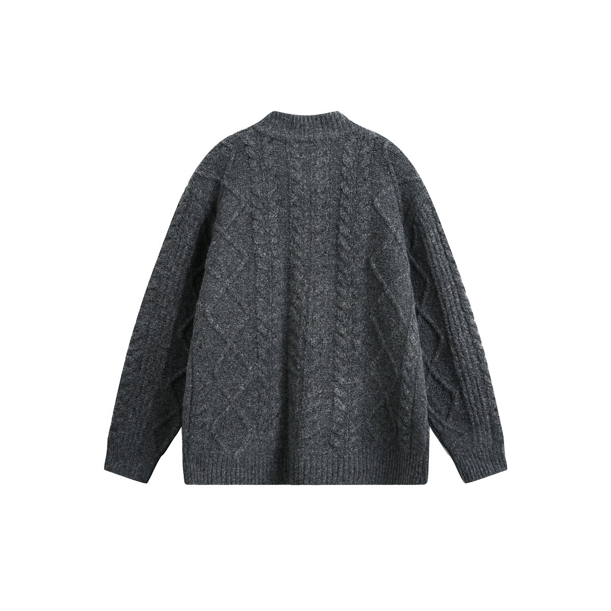 Dark charcoal cable-knit sweater shown from the back, with a high ribbed collar, long sleeves, and ribbed hem and cuffs.