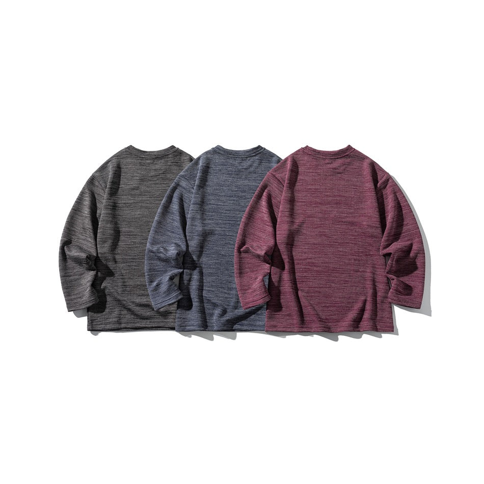 Back views of marled crewneck sweatshirts in charcoal, blue, and burgundy.