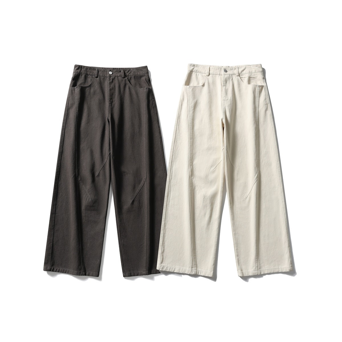 Front view of wide-leg trousers in charcoal and ivory, shown side by side with curved front pockets.