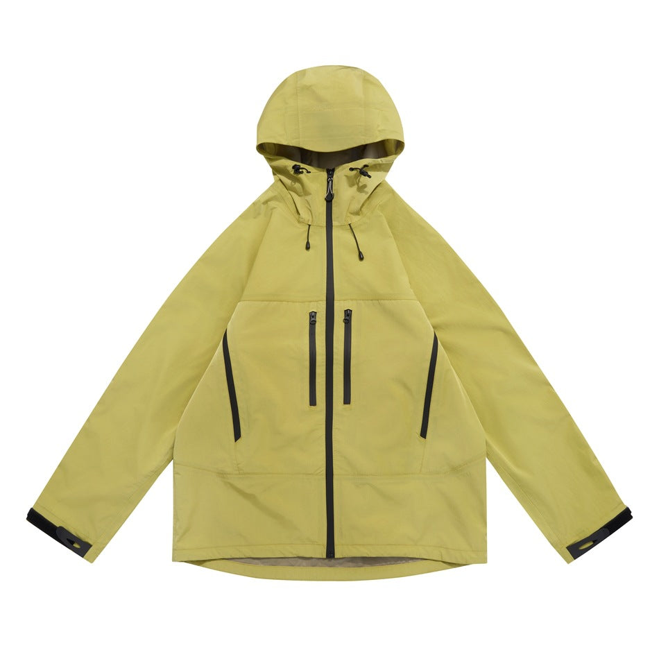Yellow hooded zip-front jacket flat lay with black zipper and black cuff tabs