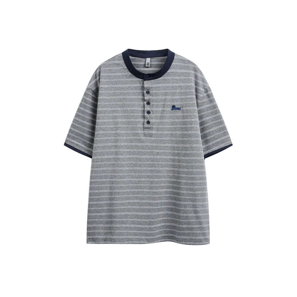 Gray striped short-sleeve Henley T-shirt with navy collar trim, navy sleeve trim and a small embroidered chest logo