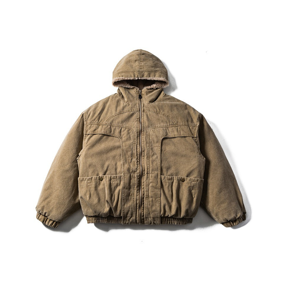 Khaki hooded zip jacket with fleece-like hood lining, snap flap pockets and elastic hem, flat lay