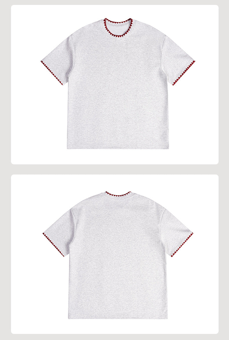 Light gray short-sleeve T-shirt shown from the front and back, with dark red scalloped trim.