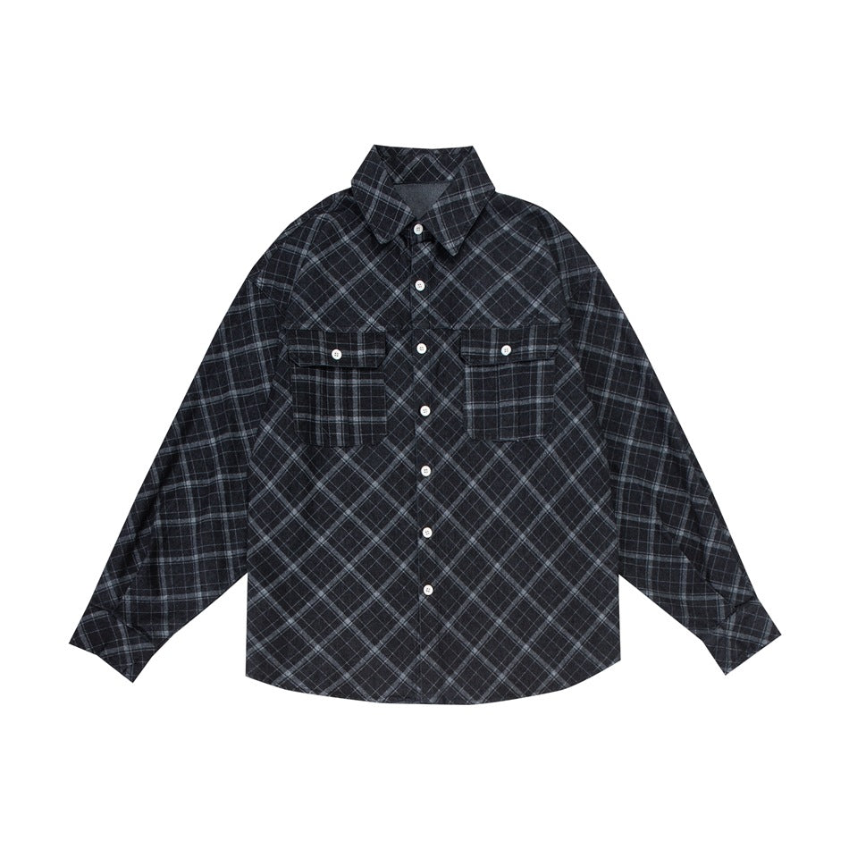 Black and gray diagonal plaid long-sleeve button-up shirt with two flap chest pockets, flat lay front view