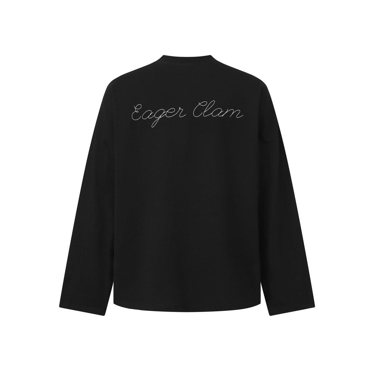 Black long-sleeve crew-neck top, back view, with white script 'Eager Clam' lettering across the upper back