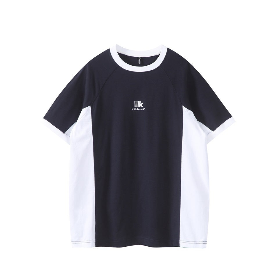 Navy short-sleeve raglan T-shirt with white collar, cuffs and side panels, flat front view with small chest print