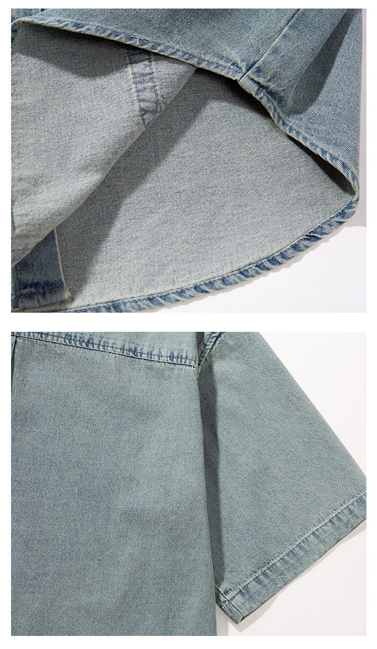 Close-up views of light blue denim shirt construction, including the inside fabric and stitched sleeve hems.