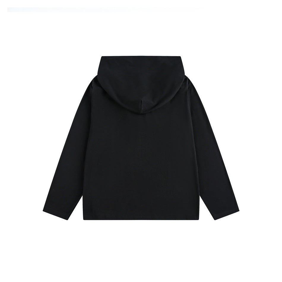 Back view of a plain black long-sleeve hooded top on a white background.