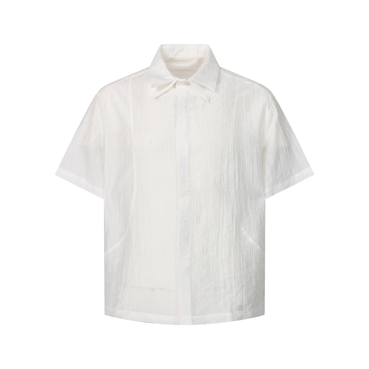 White short-sleeve button-front shirt with crinkled texture and curved side seams, flat front view