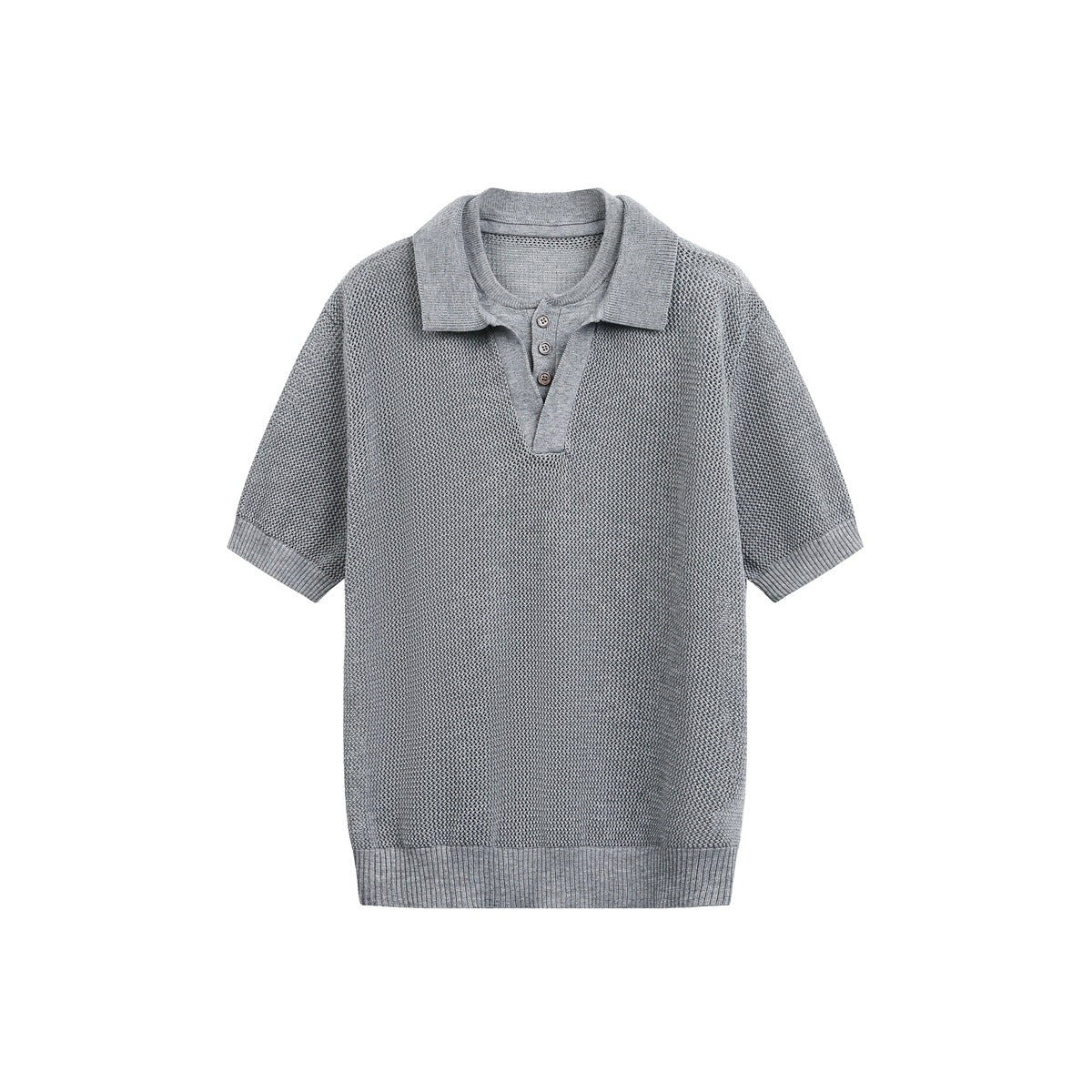 Gray open-knit short-sleeve polo top with collar, three buttons and ribbed cuffs and hem, front flat view