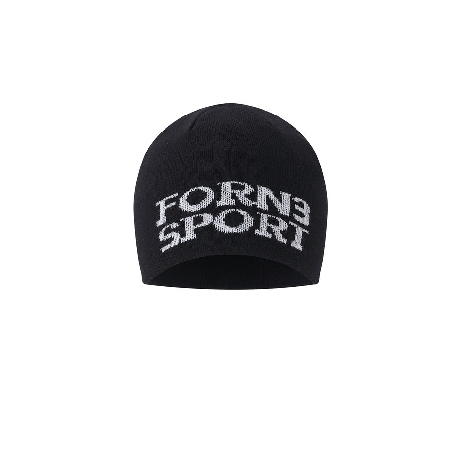 Black knit beanie with white 'FORN3 SPORT' lettering knitted across the front, shown on a white background