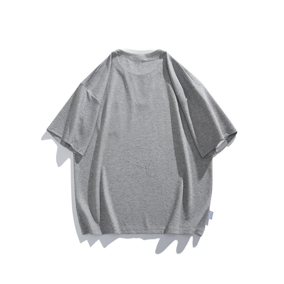 Back view of gray short-sleeve T-shirt with plain back and round neckline, flat lay